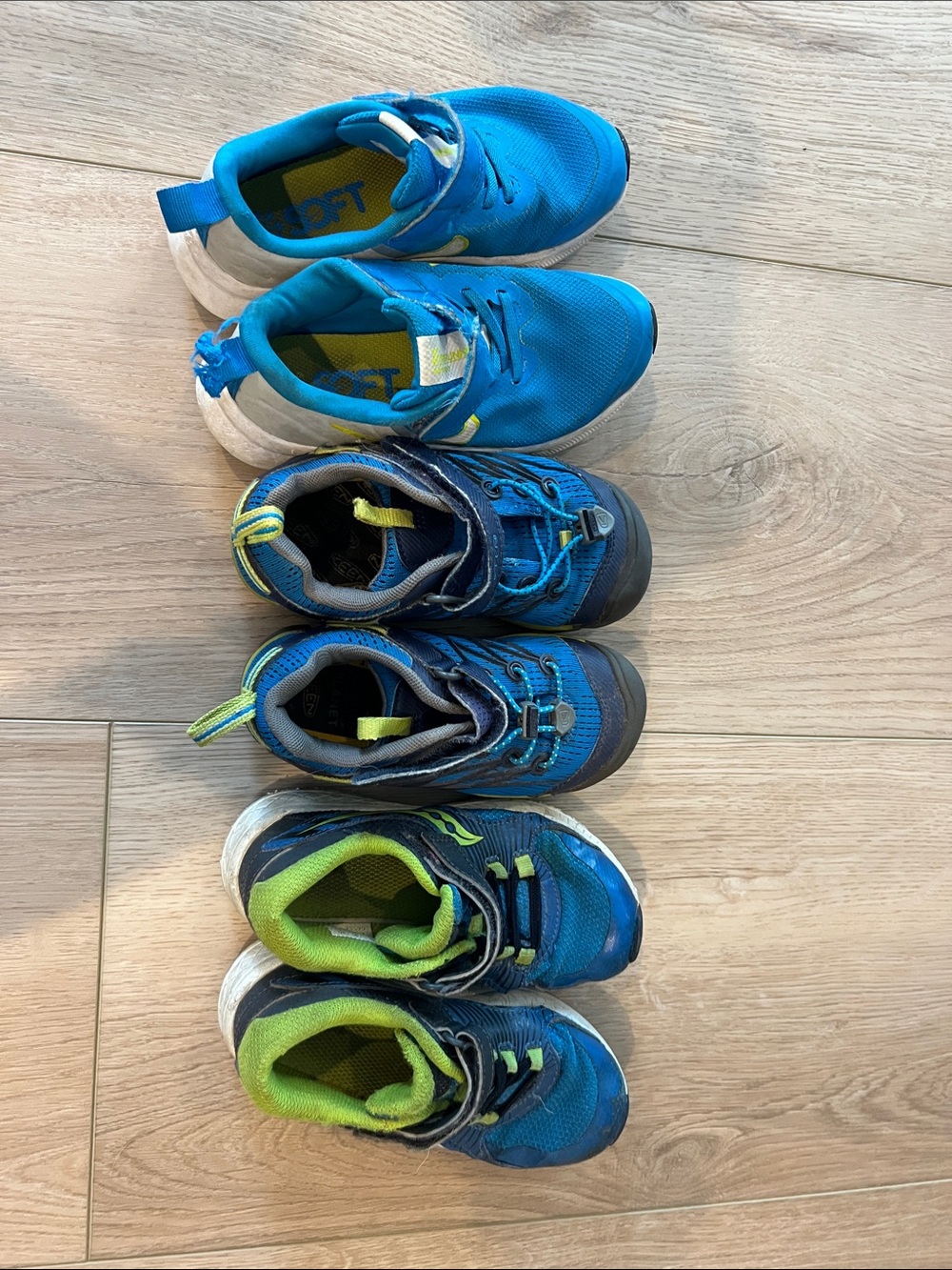 Bundle of Three Kids Blue Athletic Sneakers with Green Accents